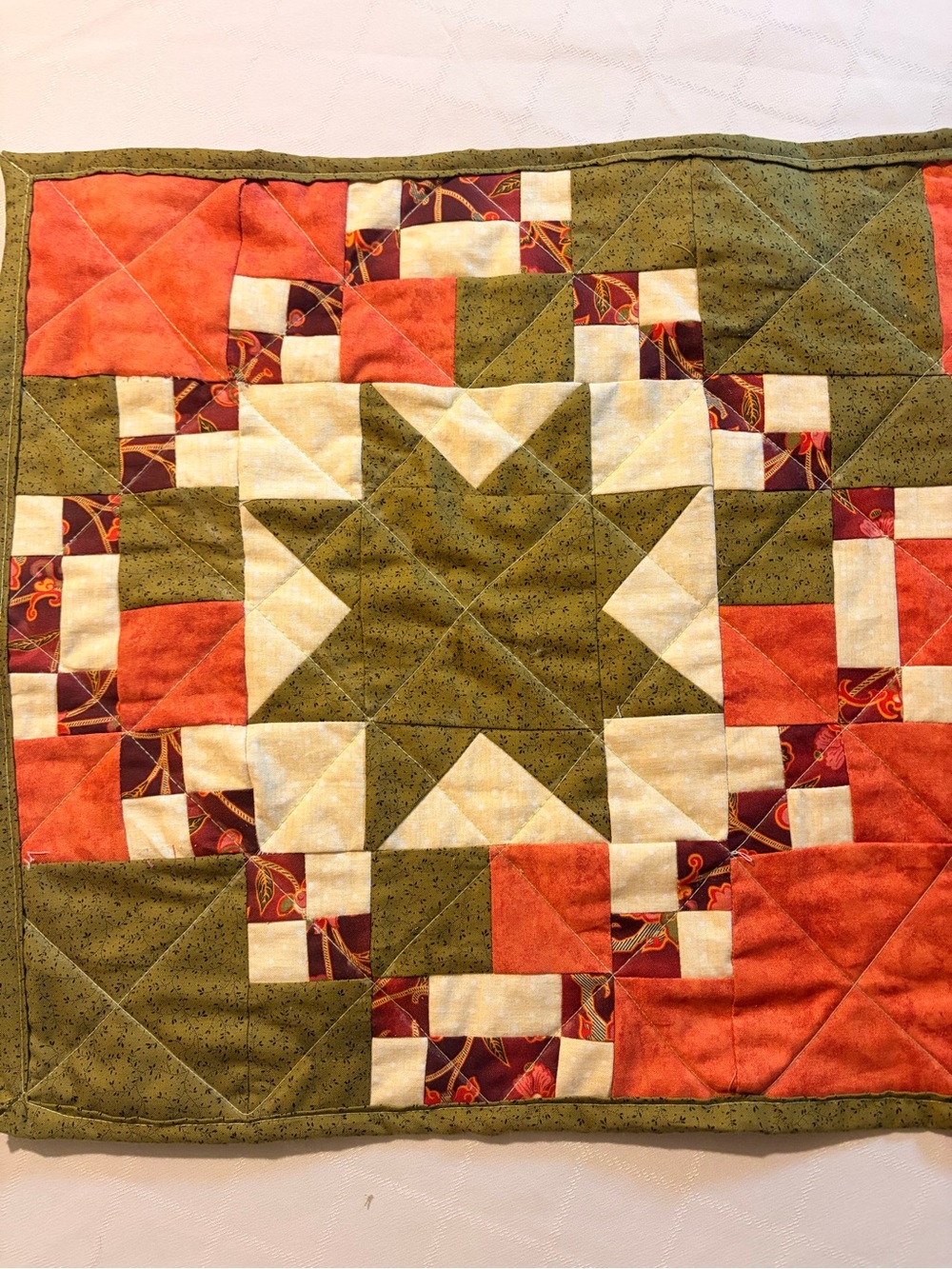 Handmade Star Patchwork Quilted Table Topper in Olive Green, Coral & Cream